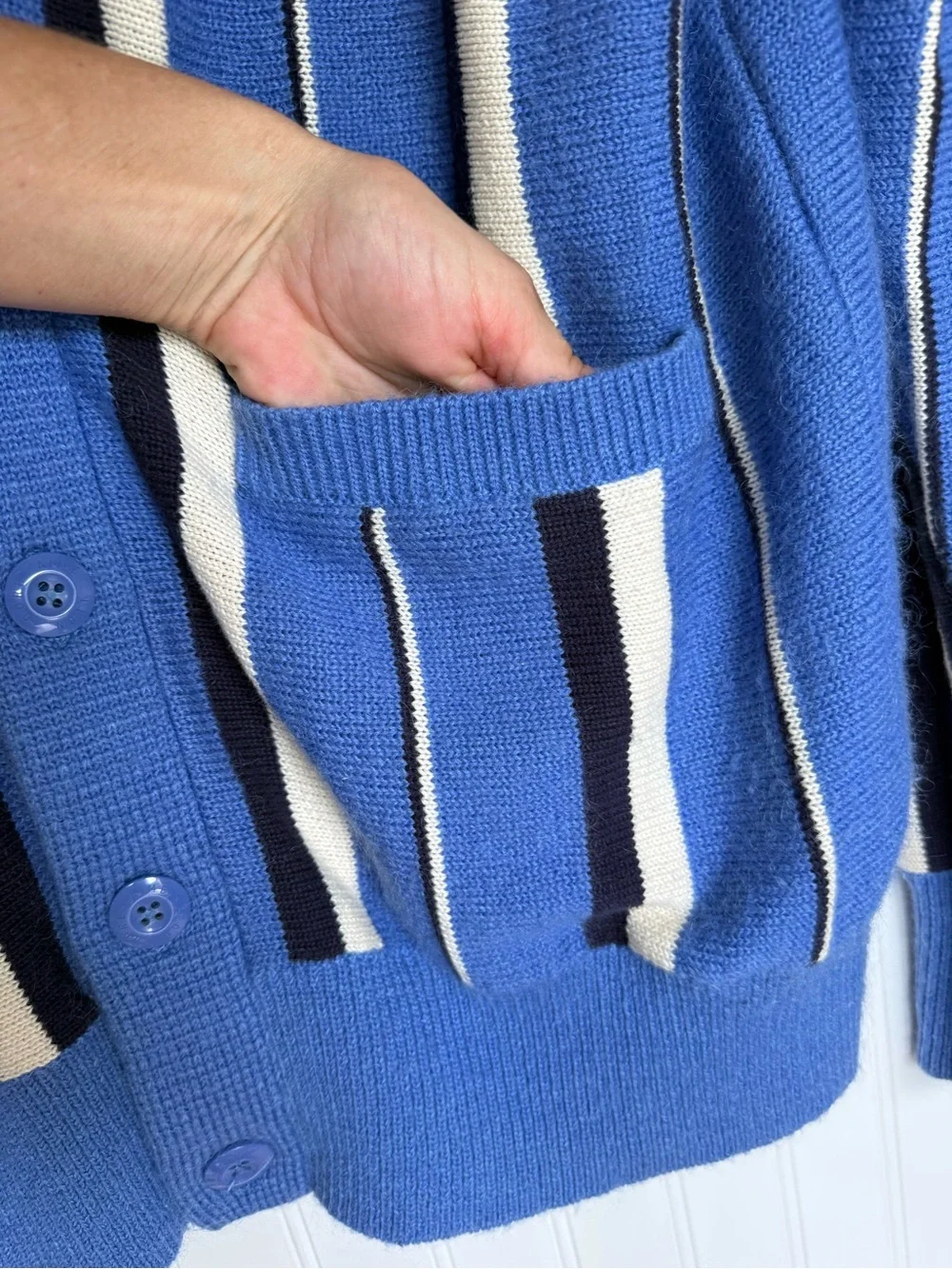 Aimé Leon Dore Striped Cardigan L Blue Cream Navy Wool Mohair Cotton Blend ALD
